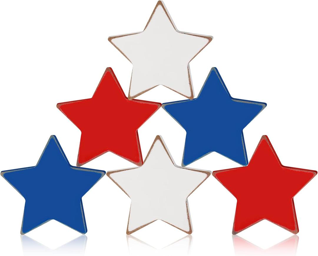 Maitys 6 Pcs 4th of July Wooden Star Signs Patriotic Red White Blue Wood Star Standing Blocks Table Tiered Tray Decoration for Independence Day Memorial Day Festival Celebration(Vintage)