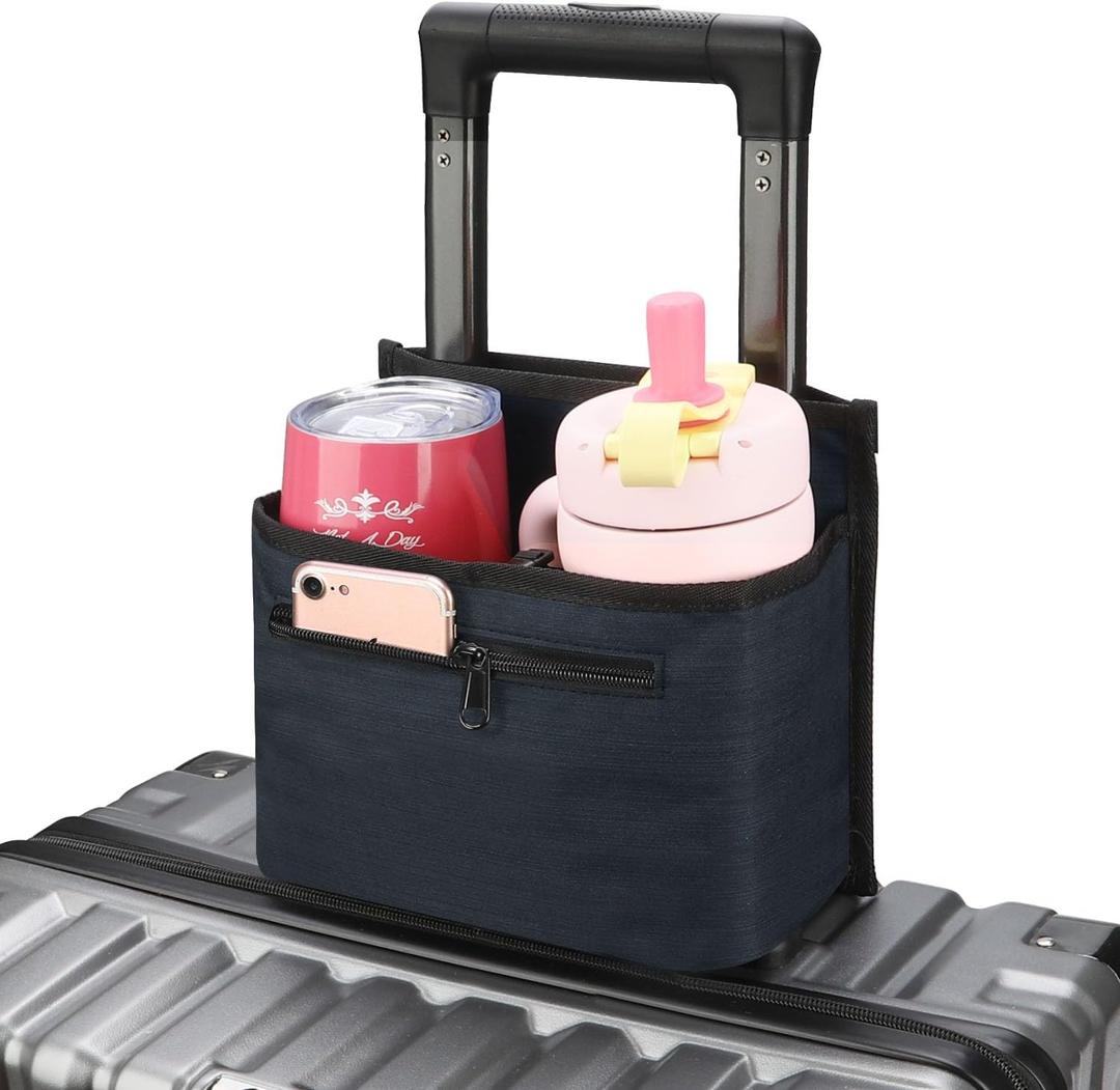 Luggage Travel Cup Holder Attachment for Suitcase Drink Carrier Caddy, Coffee Mug and Tumblers, Traveler Carry on Hands Free Accessory- Gifts for Flight Attendants Travelers Accessories- Navy