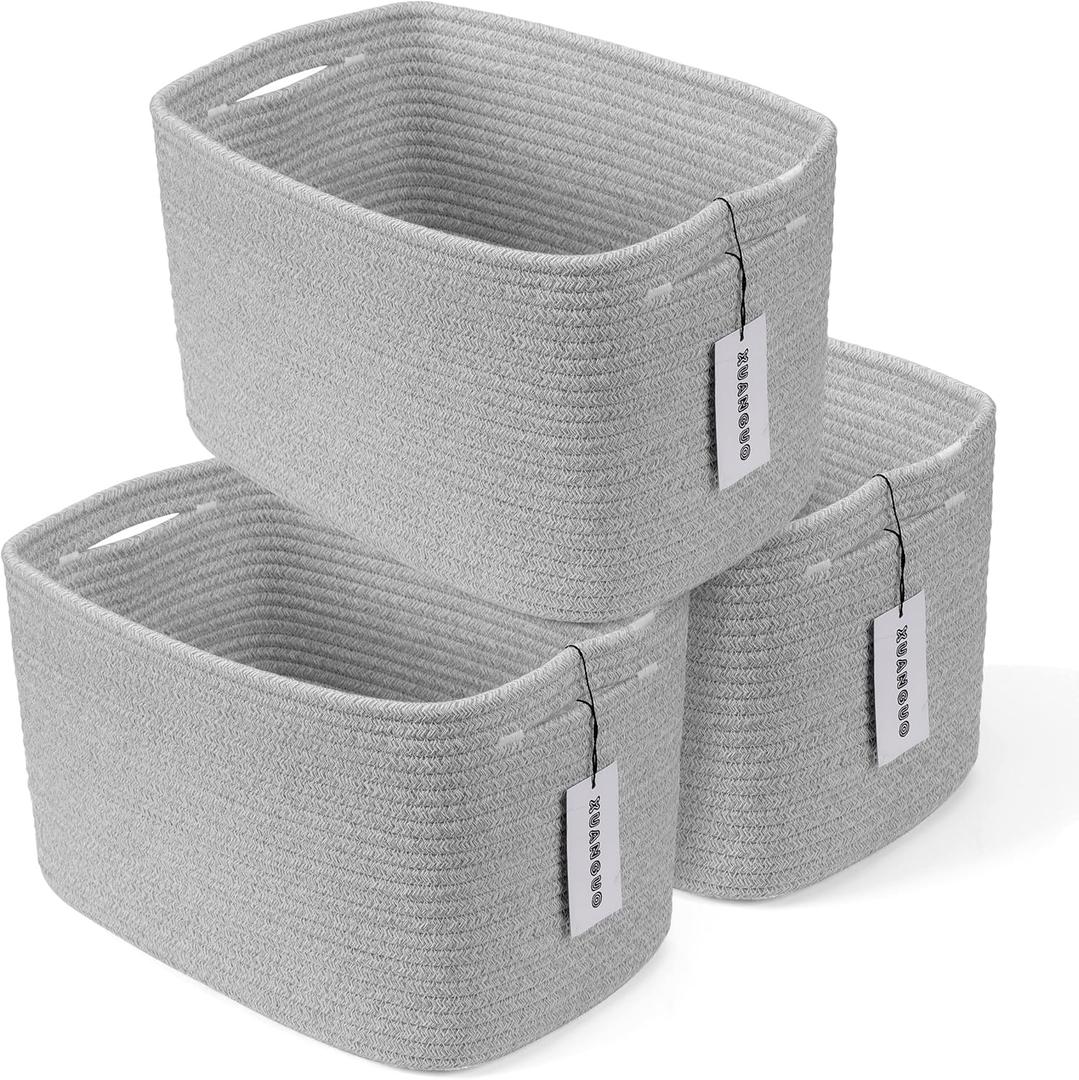 Cotton Rope storage Basket Bins Woven Basket for Organizing Shelves 14.5X9.5X9.3 Rectangle Decorative Baskets For storage Clothes Toys Books Towels Square Wicker Nursery basket organizer 3 pack grey