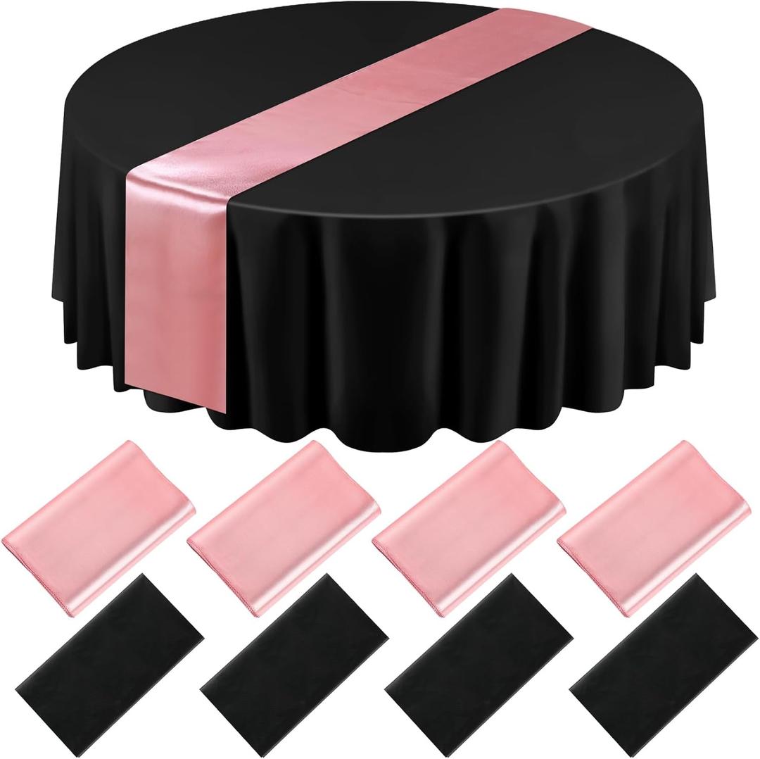 Tudomro 8 Pcs Black and Rose Gold Round Plastic Tablecloth and Satin Table Runner Set 84 Inch Round Covers 12 x 108 Inch Table Runners for Wedding Birthday Party Baby Shower Anniversary