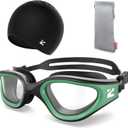 ZIONOR G1 Lite Swim Goggles with Swim Cap Comfortable Anti-fog Swimming Goggles Cap Set for Adult Men Women (One Size, B7(green-clear+c5 Black))