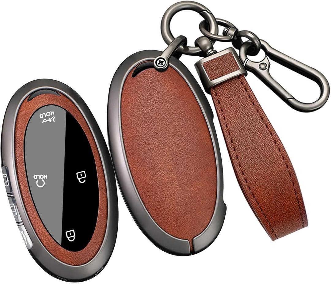 ontto Car Key Skin Fit for Hyundai Kona 2023 2024 2025 2026 Key Fob Cover Metal and Leather Key Housing for Ioniq 5 Grandeur GN7 Elantra Azera Sonata Santa fe Tucson Santa Cruz Palisade,Brown