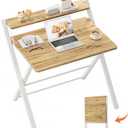 GreenForest Portable Small Desk No Assembly, 2-Tier Compact Computer Desk with Shelf, Space Saving Foldable Table for Home Office, Bedroom or Apartment, Portable Collapsible Sturdy Laptop Desk, Oak, 22 X 27.3 Inch