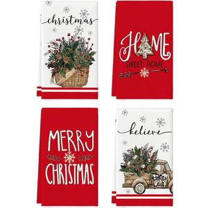Artoid Mode Holly Basket Truck Christmas Kitchen Towels Dish Towels, 18x26 Inch Holiday Pine Cone Believe Winter Decoration Hand Towels Set of 4