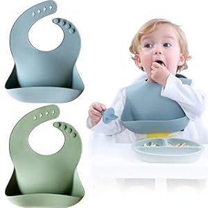 Moonkie Silicone Baby Bibs Set of 2, BPA Free Waterproof Baby Bibs for Eating, Soft Adjustable Silicone Bibs for Babies 6-12 Months, Toddler Bibs with Large Pocket Food Catcher (Ether/ Sage)