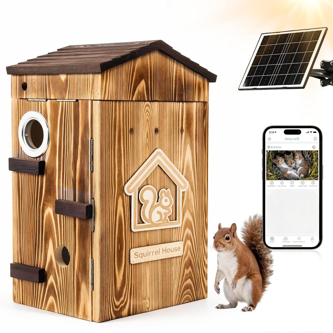 Smart Squirrel Box with Solar Powered Camera, 2K HD Wi-Fi Pet Camera, Auto Detection & Night Vision, Secure Outdoor Nesting House for Squirrels with Reinforced Casing, App Control (2.4GHz Only)
