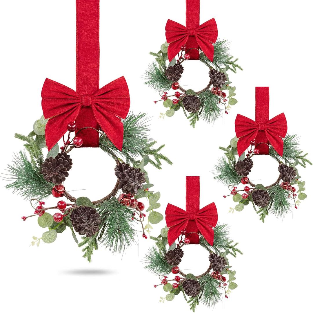 6 Pcs 10" Christmas Mini Cabinet Wreaths with Bells for Kitchen, Xmas Small Cabinet Wreaths with Red Berries Ribbon Bow Artificial Wreath for Front Door Window Christmas Party Decor