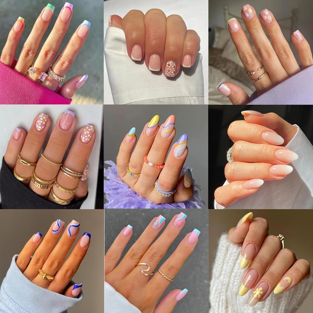 Jsiallye 9 Packs Press on Nails Short,Flower French Press on Nails Square And Almond,Gradient Glue on Nails for Girl Nail Art, 12 Size of Fake Nails - 9 Styles Nail Kits