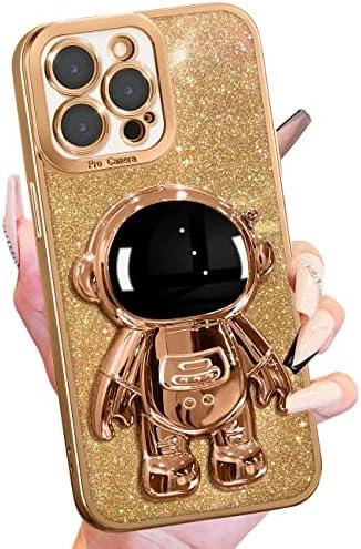 Buleens for iPhone 13 Pro Max Case for Women, Astronaut Bling Cases for iPhone 13 Pro Max with Glitter Paper & Spaceman Stand, Girls Cute Electroplated Sparkly Space Phone Cover for 13 ProMax Golden