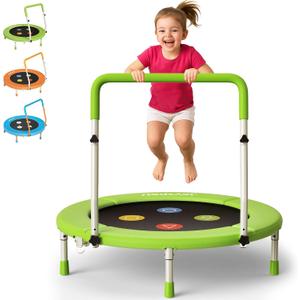 36-Inch Toddler Trampoline with Adjustable Bar, 3FT Foldable Mini Rebounder, Green