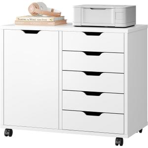 DUMOS 5 Drawer File Cabinet Office Drawers Organizer with Wheels Rolliing, Under Desk Cabinets with Shelves and Door Printer Stand with Wood Board Metal Frame for Home Office Storage Craft Room, White, 30.7 25.2 15.7