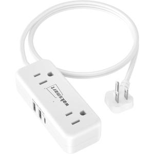 Flat Plug Extension Cord 3 Feet with 4 AC Outlets 3 USB Ports (5V/3.4A 17W), Flat Plug Power Strip Compact for College Dorm, Travel, Home, White