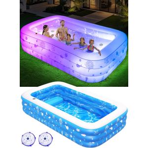 Inflatable Pool with Seat and Pool Lights, Durable Thickened Large Size Family Inflatable Pools for Adults Blow Up Pools,100" x 63" x 22" Swimming Inflatable Kids PooI for Backyard, Outdoor (White)