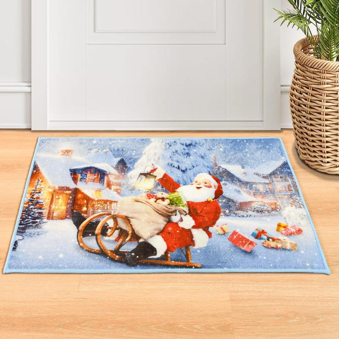 Christmas Doormats for Front Door, Decorative Santa Claus Welcome Mat, Christmas Kitchen Rugs, Non-Slip Outdoor Christmas Mat for Front Porch, Entryway, Entrance, Blue 2 x 3 Ft