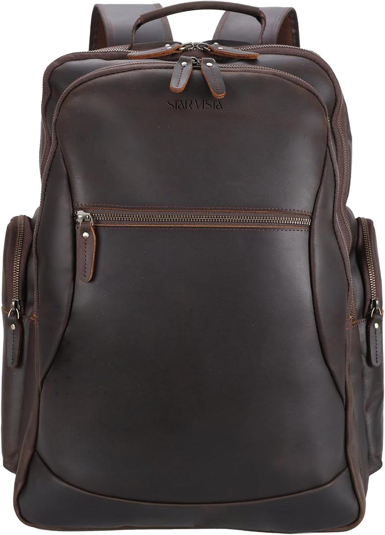 STAR VISTA Nettuno 17.3" X-Large Vintage Travel Leather Laptop Backpack for Men, Multi Pockets, Casual Outdoor Business Rucksack, 32L Capacity, YKK Zippers