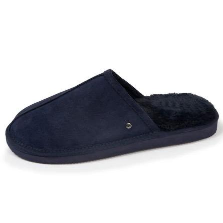 Men’s Mule Slippers Navy Leather Lined With Fur, 8-9 Blue