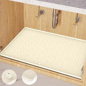 Under Sink Mat, 14"x22" Under Sink Mats for Kitchen, Silicone Waterproof Under Sink Liner, Sink Cabinet Organizer Tray with Drain Hole (Beige)