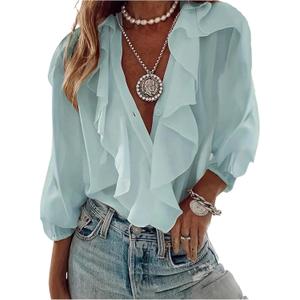 GORGLITTER Women's Ruffled Top Blouses Dressy Business Casual Button Up Long Sleeve V Neck Shirts Work Office Outfits (Blue, Small)