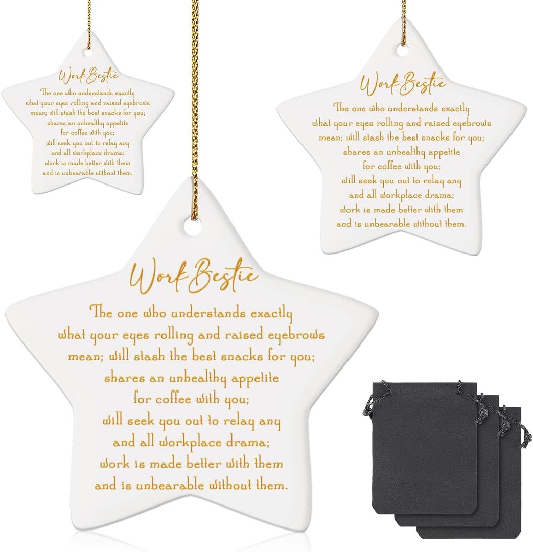 Sieral 3 Pieces Christmas Work Bestie Gifts for Coworkers Christmas Tree Ceramic Hanging Ornaments with Velvet Bags for Friendship Work Bestie Coworker Staff