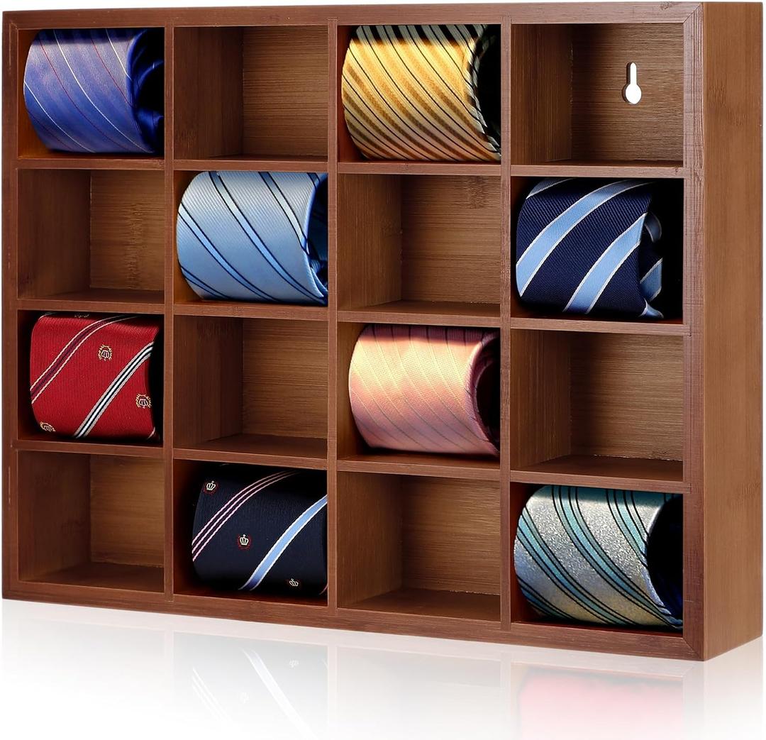 Wesiti Tie Box Organizer Wall Mounted Tie Rack with 16 Compartments Bamboo Belt Holder for Men Scarf Necktie Home Wall Closet (Dark Brown Color, 1 Piece)