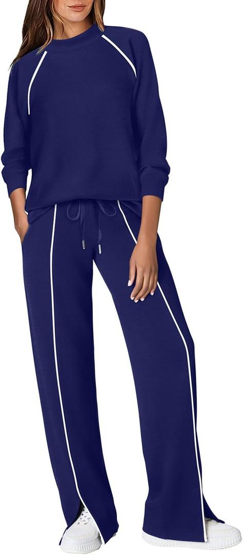 WIHOLL Lounge Sets for Women 2 Piece Fall Outfits 2025 Wide Leg Pant Matching Sets Womens Clothing (Large, Navy)