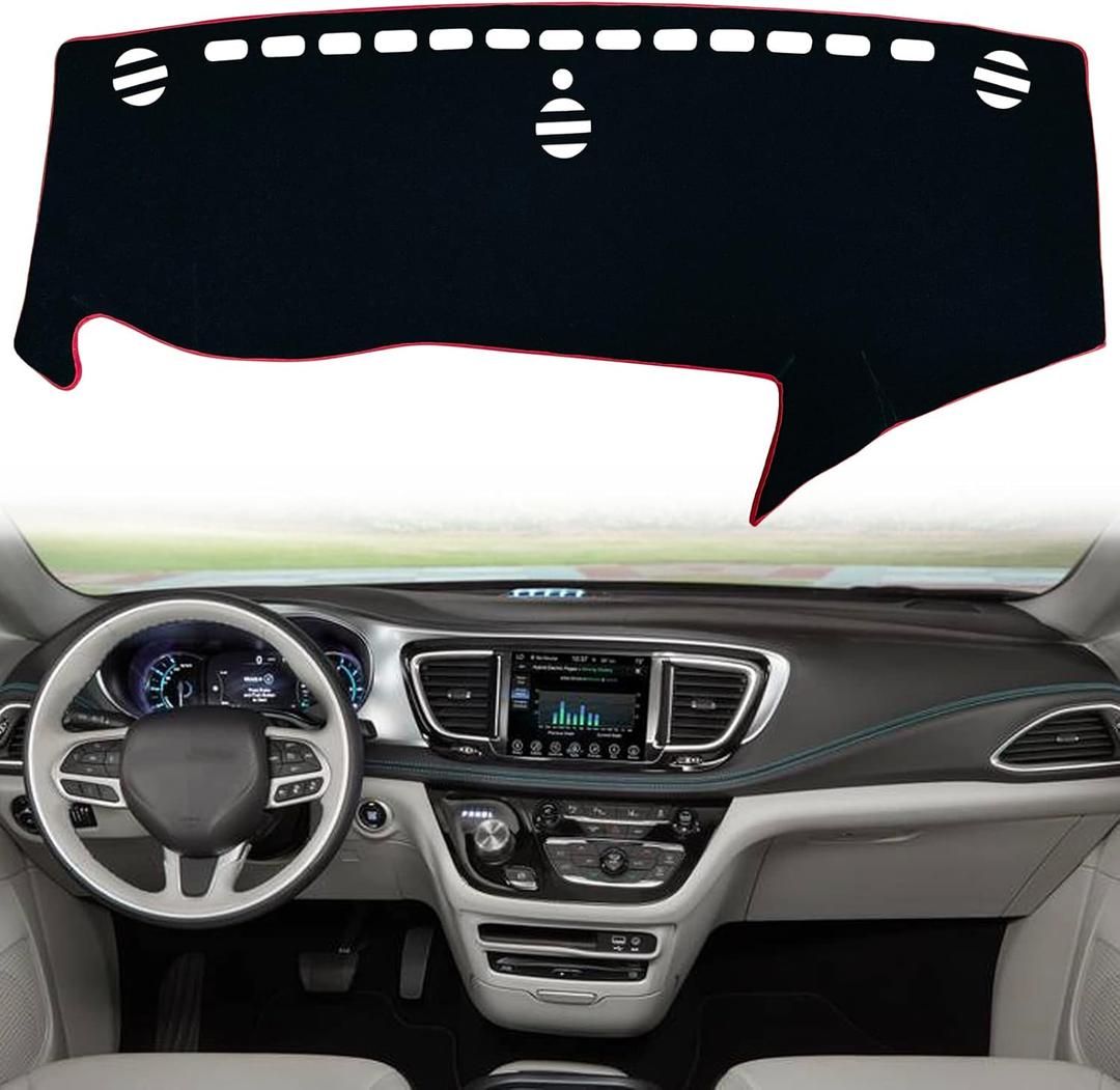 Dash Mat Cover Custom Interior Center Console Compatible with Chrysler Pacifica Minivan 2017 2018 2019 2020 2021 2022 Dashboard mat Covers Accessories (Red Trim)