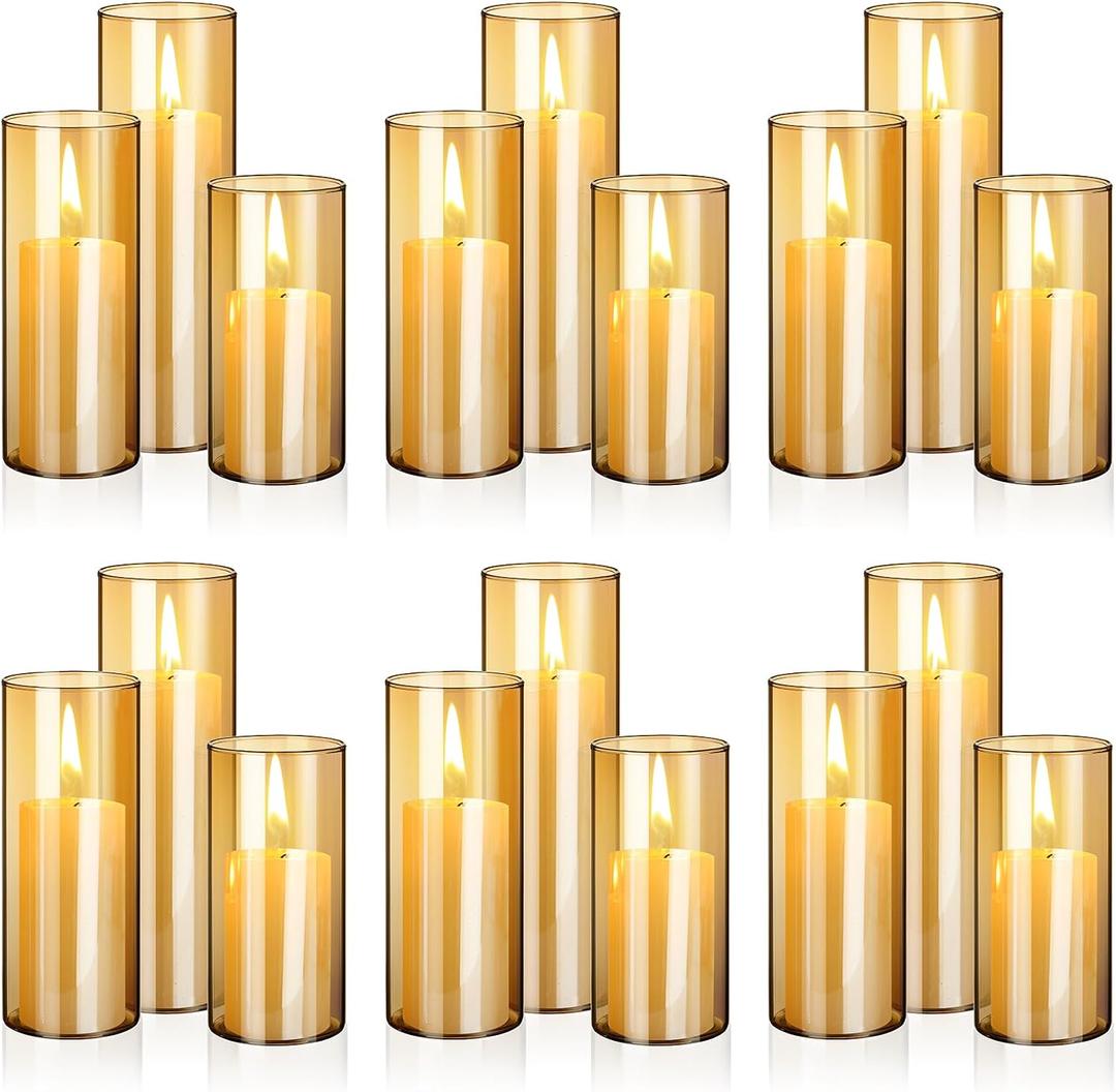 Shihanee 36 Pcs Pillar Candles and Glass Cylinder Vases Tall Cylinder Holders for Pillar Candles Wedding Centerpieces, Total 18 Sets(2.6'' X 4.7'', 5.9'', 7.9'',Amble,Ivory)