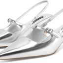 MIRAAZZURRA Slingback Kitten Heels Pumps Pointed Toe Low Heel Slip On Dress Shoes with Buckle Strap for Dating Party Working (5.5, Silver)
