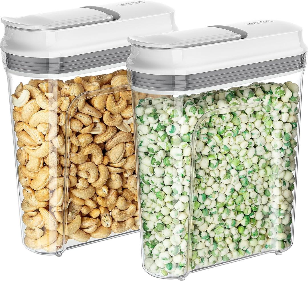 MR.SIGA Airtight Cereal Dispenser Set, Storage Containers for Dry Goods, Nuts, Beans, Snacks, BPA Free, 1.6 L / 1.69 Qt, Medium, Clear, 2 Pack (Transparent/White)