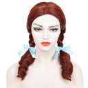 Wiggy Mermaid Reddish Brown Braided Wig for Women Adult, Long Brown Braids Wig with Blue Ribbons Wig Cap Fairy Tale Cosplay Wigs for Halloween Costume