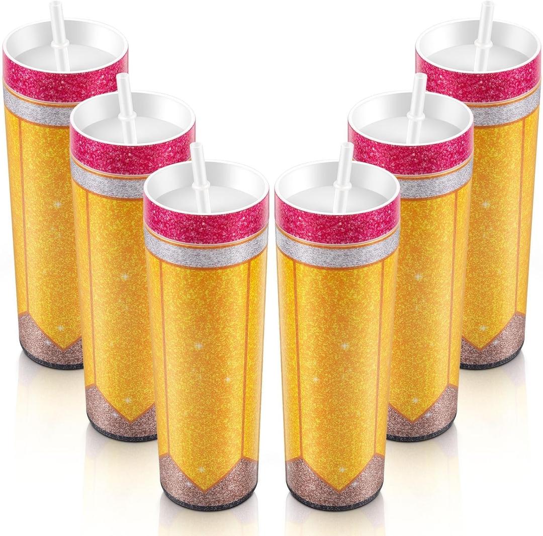 Denylo pro 6 Pcs Teacher Appreciation Gift Reusable Pencil Plastic Coffee Cup with Lid Straw Bulk 20 OZ Glitter Pencil Plastic Tumbler with Straw for Thank You Teacher
