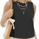 Linen Shirts for Women Summer Cute Sleeveless Crop Button Down Tank Tops Blouses Clothes (XXL, Black)