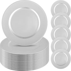 24 Pcs Silver Charger Plates Bulk,13 inch Round Beaded Plate Chargers for Dinner Plates, Decorative Dinner Chargers Plastic Table Chargers for Wedding Holiday Party Event Decoration (Silver)
