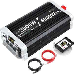 3000 watt Pure sine Wave Inverter, 12V DC to 110V AC Power Inverter, with 3 AC Output sockets, USB Port, Type-C Port, Remote Control with LCD Screen, Used for Solar Emergency Power Supply in RV Homes
