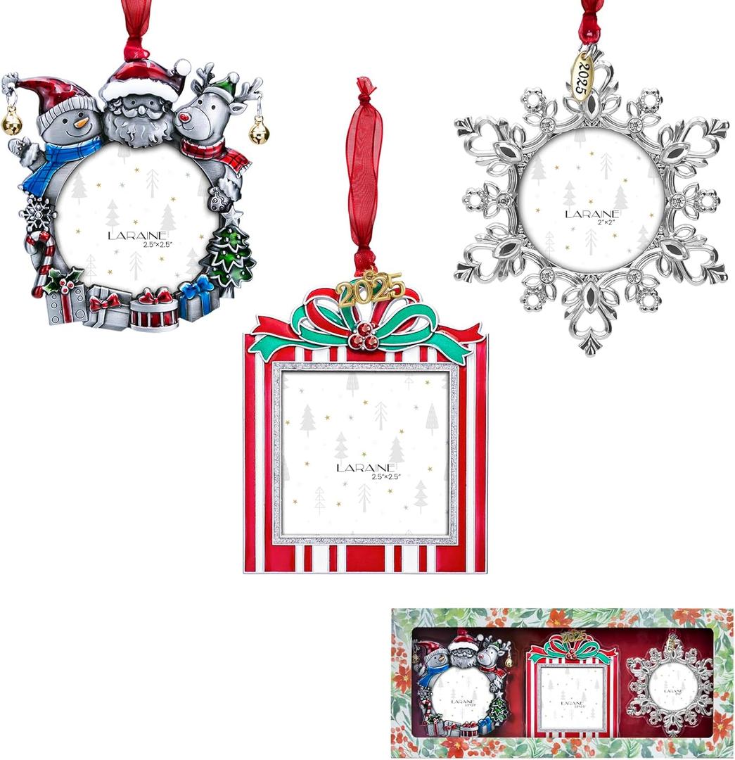 Laraine Christmas Tree Ornaments  3-Piece Decorative Hanging 2025 Holiday Keepsake Gift Pendant with 2 Photo Frame Insert for Picture of Pet (3-Piece Gift Set (2025))