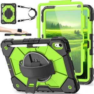 Nitupai Case for iPad 10th Generation 10.9 Inch 2022 / iPad A16 Case 11 Inch 2025 with Screen Protector 10th Gen Cover for Kids Pencil Holder 360 Rotating Stand Shoulder Strap, Black Yellow Green