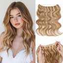 S-noilite Halo Hair Extensions Real Human Hair 12inch Short Wavy Halo Hair Extensions for Women Adjustable WireHair Extensions Golden Brown/Bleach Blonde