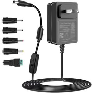 TKDY 12V 2A Power Supply AC Adapter 100-240V 50-60Hz, for 12 Volt LED Light Strip, 12Vdc CCTV Camera, DC12V Router, Speaker, LCD Monitor. 24W Power Converter with On/Off Switch & 5 Tips