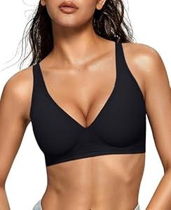 OEAK Womens Deep V Bras Comfortable Bra Support Push Up Bralettes Low Cut no Underwire Bra Plunge Seamless Tshirts Bras XX-Large Black