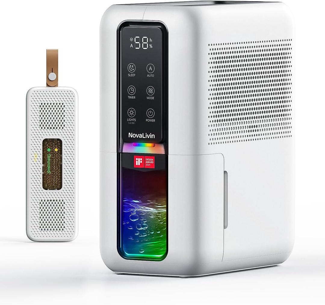 Dehumidifier for Home, Dehumidifiers for Bathroom, Bedroom, Living room, Closet with 68 OZ Water Tank, Moisture Absorbers, Auto Shut Off, Auto Humidity Control, 7 Colors LED Light, Black and White