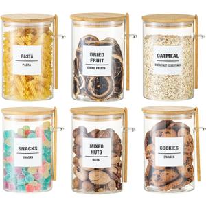 6 Pack 32oz Glass Jars with Bamboo Lids,Glass Storage Containers with Lids,Clear Airtight Food Storage Jar for Coffee,Tea,Sugar,Flour,includes 168 Pantry Labels & Spoons,3mm Thick Canisters