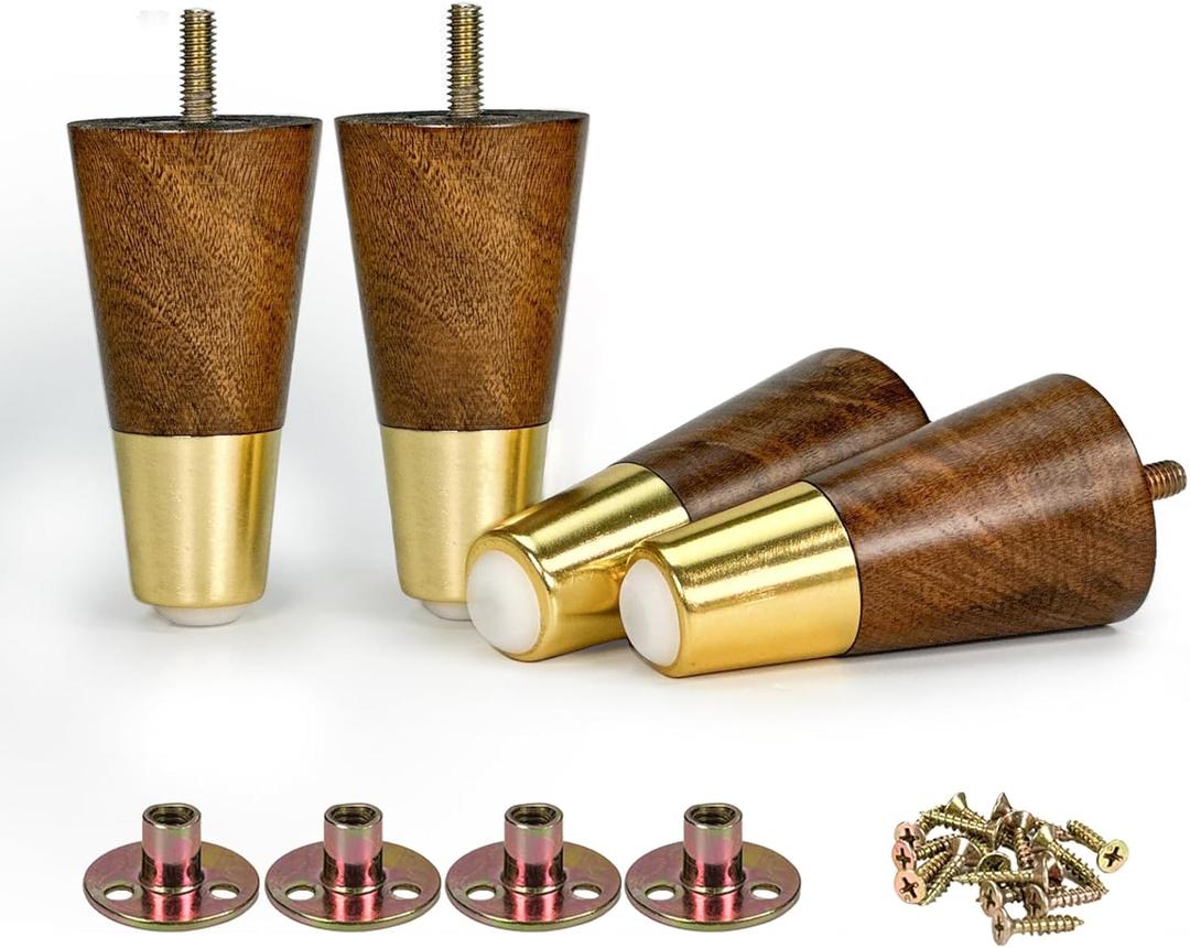 4 Inch Wooden Furniture Legs with Gold Cap Set of 4 Dark Brown Sofa Replacement Solid Wood Furniture Feet for Armchair Couch Cabinet Dresser Ottoman TV Stand Bed Legs (4inch)