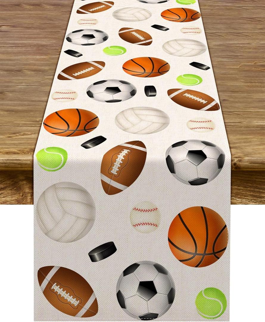 Linen Sports Ball Table Runner All Star Boy Happy Birthday Indoor Outdoor Party Table Cover Decoration Home Kitchen Dining Room 13 X 72inch