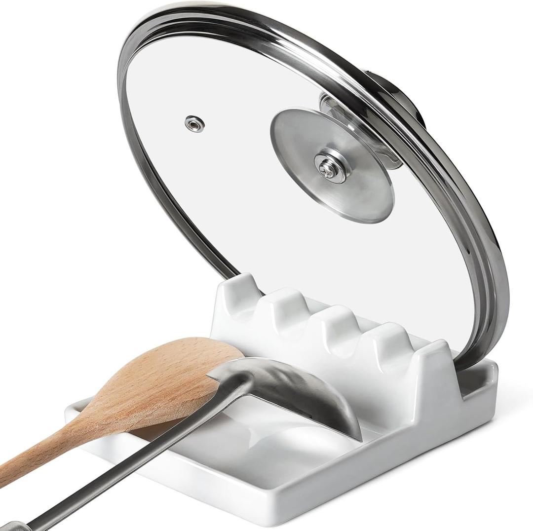 LE TAUCI Ceramic Spoon Rest for Stove Top, Spoon and Lid Rest for Kitchen Counter, Spoon Holder with Drip Pad for Multiple Utensils, HeatResistant, Housewarming Present  6.2 inch, Set of 1, White