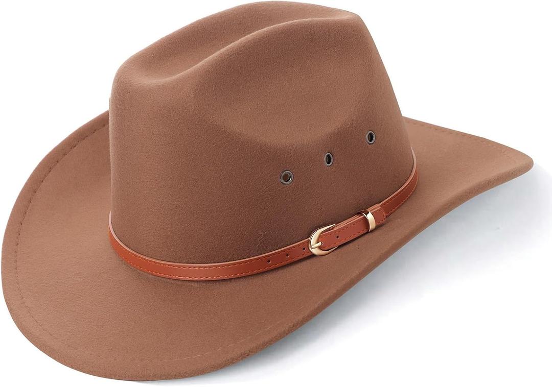 AQOKKA Western Cowboy Hats for Women Classic Felt Wide Brim Fedora Hat with Belt Buckle Retro Panama Hat Unisex Rolled up Cap