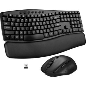 Ergonomic Wireless Keyboard Mouse Combo, EDJO Bluetooth/2.4G Dual-Mode Connection, Soft Foam Wrist Rest, Silent Typing, Waves Key Design and 3-Level DPI Adjustable Wireless Mouse for Windows, Mac OS - Black