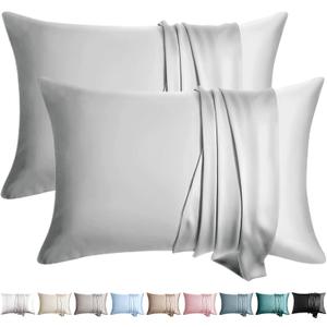 100% Silk Pillow Cases 2 Pack Standard Size Mulberry Silk Pillowcase for Hair and Skin Set of 2 Highest Grade 6A Silk Soft Breathable Cooling with Hidden Zipper, Light Grey