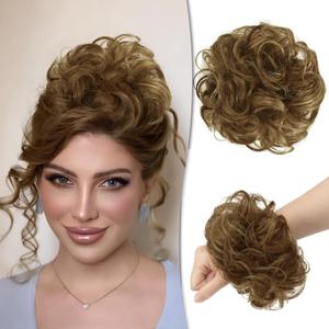 RUWISS Rose Messy Bun Hair Piece - Real Human Hair Updo Scrunchies - Chocolate Light Brown with Light Golden Blonde Highlight