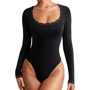 REORIA Women's Sexy Lace Scoop Neck Long Sleeve Double Lined Layering Slim Bodysuit Tops (Black) S 