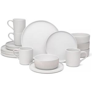 OTAGO 16-Piece Dinnerware Set for 4 with Mugs, Ribbed Stoneware Plates and Bowls Sets, Unique Handcrafted Reactive Glaze, Chip and Scratch Resistant Dish Set, Microwave & Dishwasher Safe, White